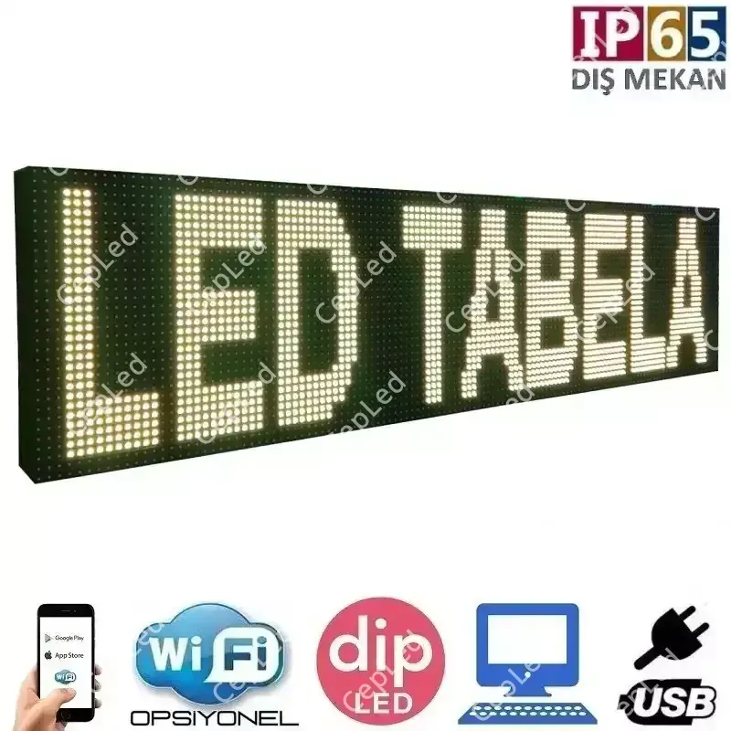 64x16 cm Sarı LED Tabela | Dış Mekan, Wi-Fi Destekli