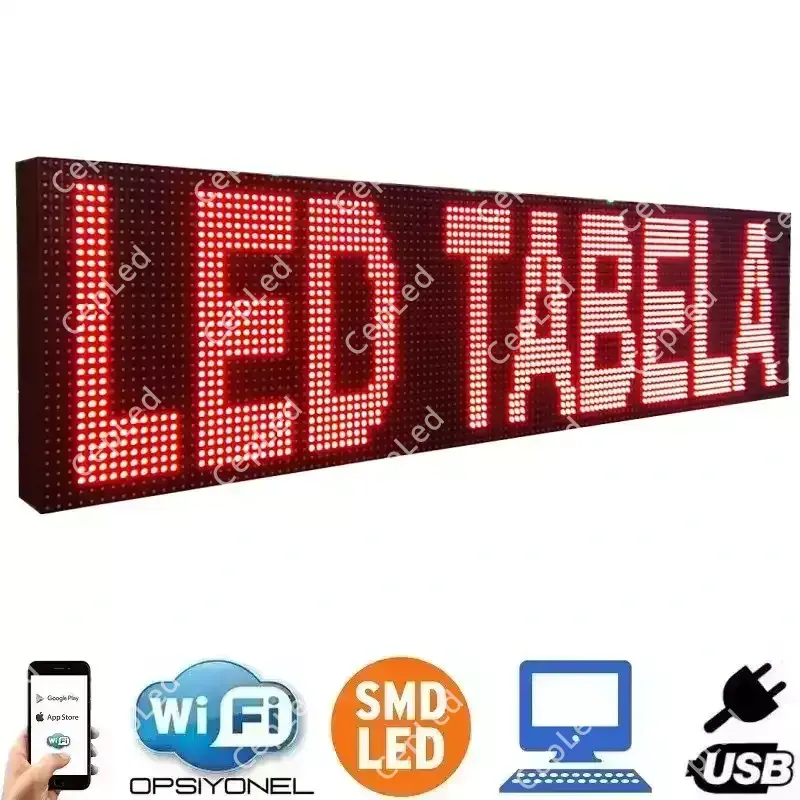64x16 Kırmızı SMD LED Tabela – Animasyonlu, Wi-Fi & USB Destekli